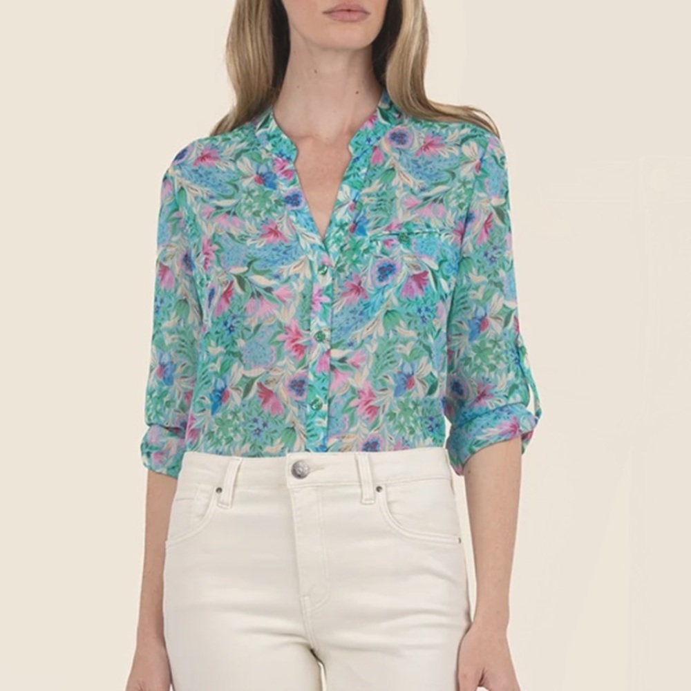 NWT KUT FROM THE KLOTH Jasmine Chiffon Sheer Button Down Floral Blouse L